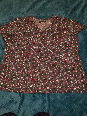 koi Black V-Neck Scrub Top with Pink & White Star Print